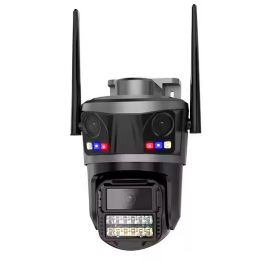 Cámara de seguridad multilente  / 3 cámaras / Micrófono / Alarma / Detección de personas / Visión nocturna / Aplicación Icsee - Gris