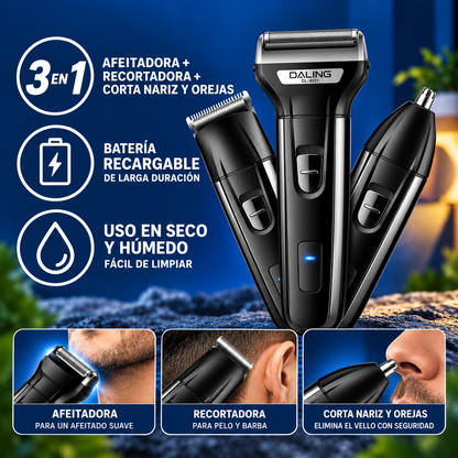 Kit de afeitado y recortadora de pelo recargable 3 en 1®