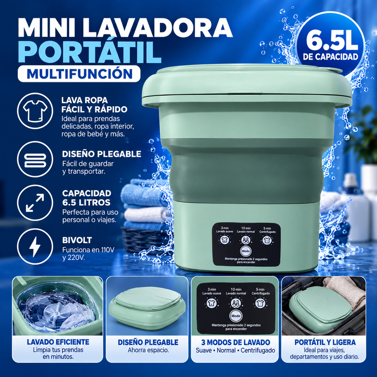 Mini Maquina Lavadora de Ropa Doblable 6L®