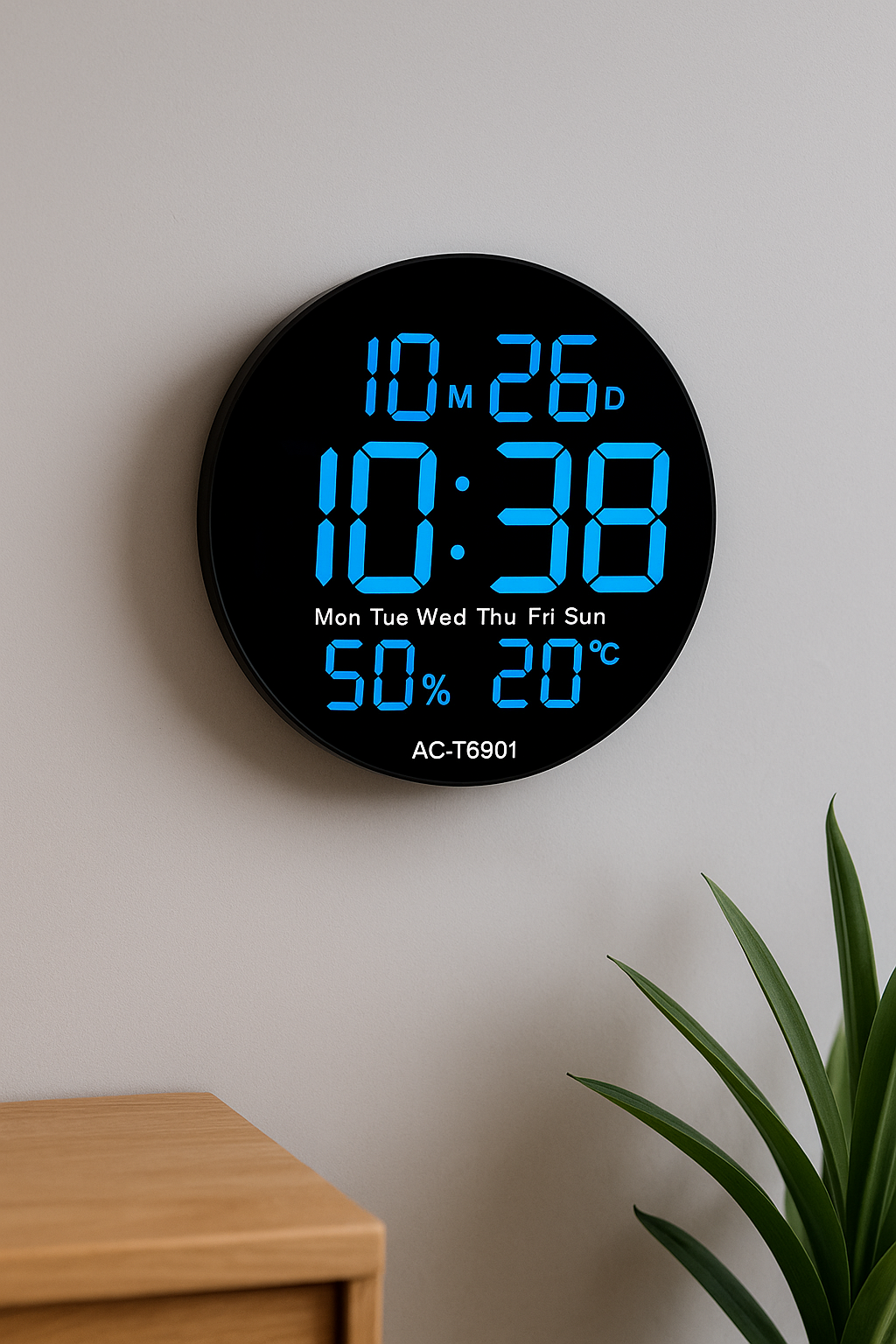 Reloj LED Azul Eléctrico – Hora, Temperatura y Humedad en un solo vistazo