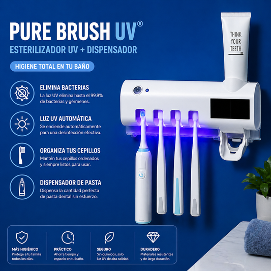 PURE BRUSH UV® ESTERILIZADOR DE CEPILLOS CON LUZ UV Y DISPENSADOR
